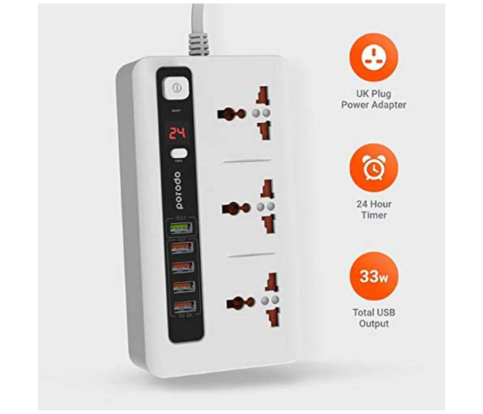 Porodo PD-5P3SQC-WH 4 USB Port 3.4A Plus 1 Quick Charge 3.0 Port with 3 Universal Power Sockets - White - Zoom Image 2