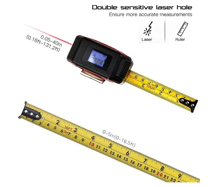 HARDELL 2-in-1 Multifunctional Laser Tape LCD Digital Display for Measuring Area-Volume Multifunctional Laser Distance Meter with USB Charging - Red - Zoom Image 5