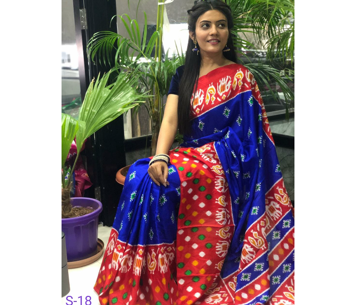 Pochampally Kalmkari Beautiful Prints Semi Handloom Linen Chanderi Sarees with Running Blouse - Blue and Red - Zoom Image