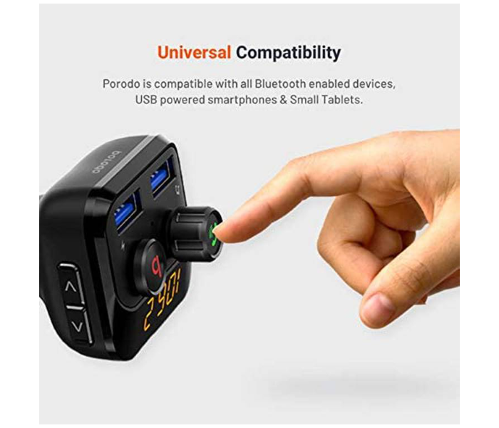 Porodo PD-BT201D-BK Dual USB Port Car Charger with Bass Boost Hands-free Calling Car Kit Bluetooth 5.0 Wireless FM Transmitter Universal Compatibility Car Adapter with LED Indicator - Black - Zoom Image 3