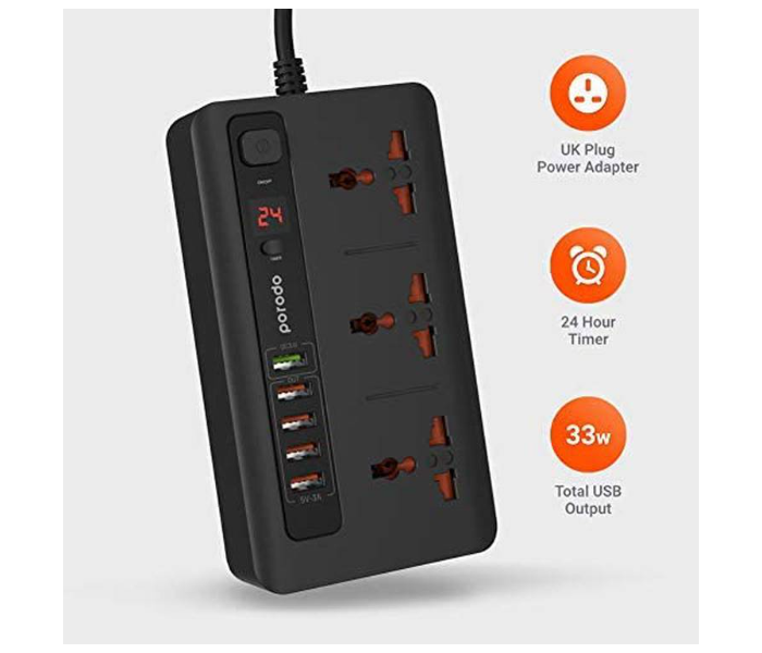 Porodo PD-5P3SQC-BK 4 USB Port 3.4A Plus 1 Quick Charge 3.0 Port with 3 Universal Power Sockets - Black - Zoom Image 2