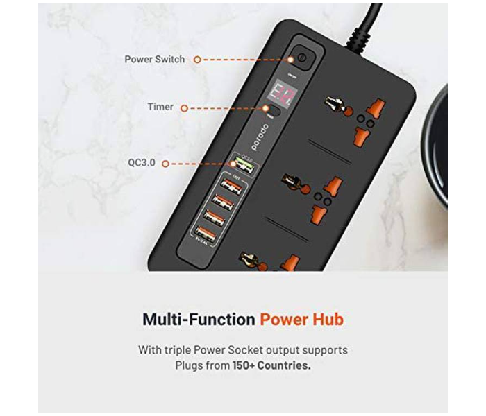 Porodo PD-5P3SQC-BK 4 USB Port 3.4A Plus 1 Quick Charge 3.0 Port with 3 Universal Power Sockets - Black - Zoom Image 3