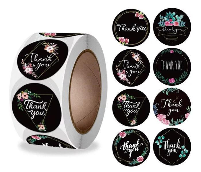 30 Pcs THANK YOU Flowers Stickers Round - Black - Zoom Image 1