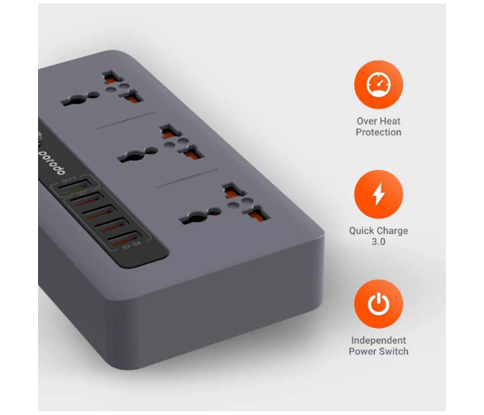 Porodo PD-5P3SQC-GY 4 USB Port 3.4A Plus 1 Quick Charge 3.0 Port with 3 Universal Power Sockets - Grey - Zoom Image 4