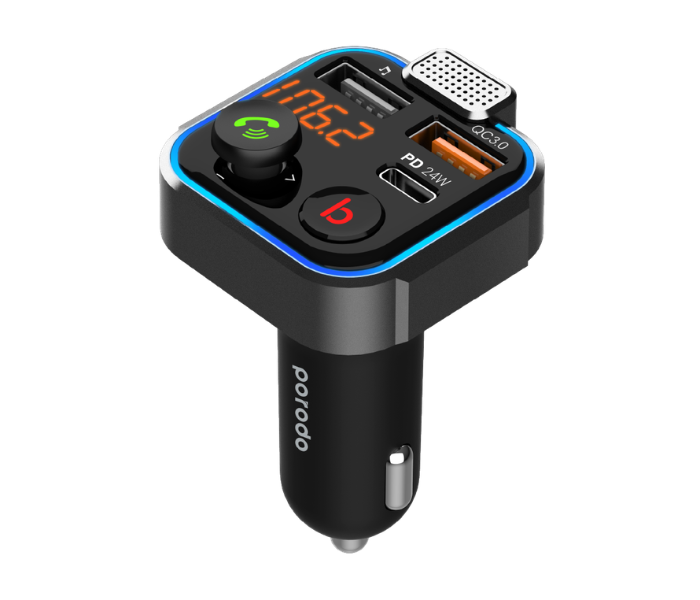 Porodo PD-FM42WBB-BK Smart Car Charger FM Transmitter 24W Power Delivery Port and Quick Charge 3.0 with Bass Boost Bluetooth 5.1 LED Lighting Multi-functional Car Kit with 3 USB Ports - Black - Zoom Image 1