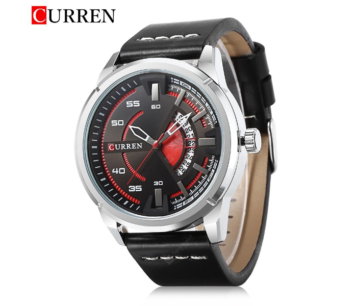 Curren M8298 Analog Leather Strap Watch for Men - Black - Zoom Image