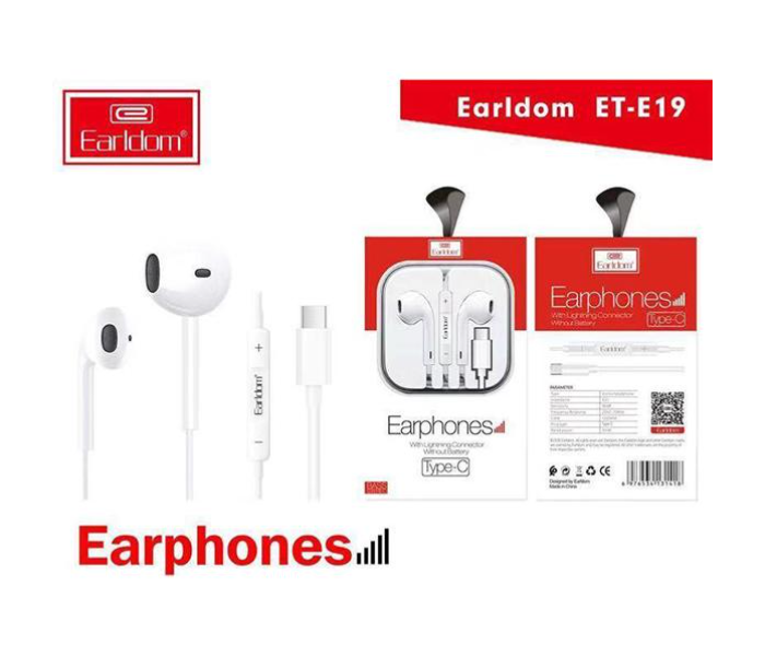 Earldom  ET-E19 Stereo Type C Earphones with Mic Volume Control -White - Zoom Image 3