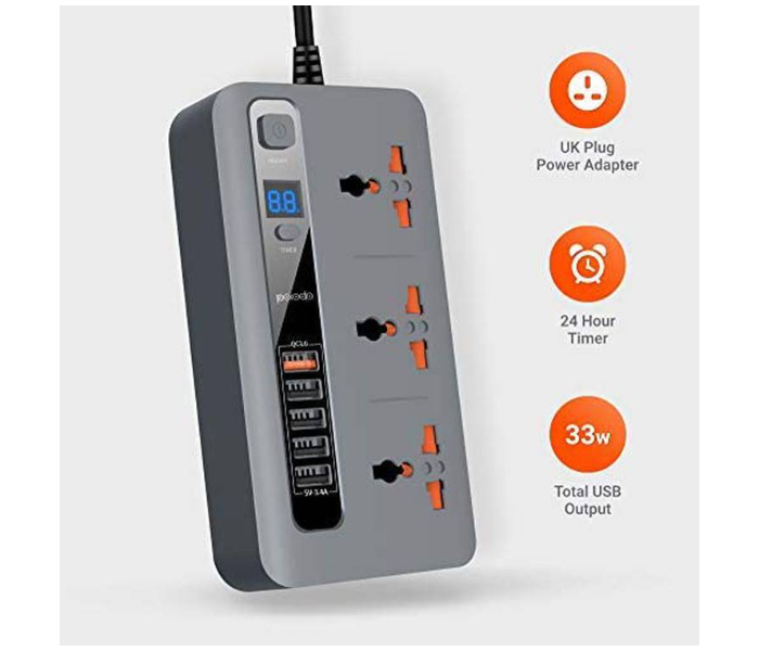 Porodo PD-5P3SQC-GY 4 USB Port 3.4A Plus 1 Quick Charge 3.0 Port with 3 Universal Power Sockets - Grey - Zoom Image 2