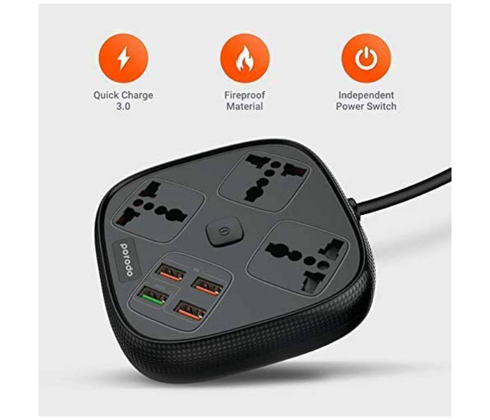 Porodo PD-SC3302-BK 4 USB 3 Sockets Plus 1 QC 3.0 with 3 Universal Power Socket Strip - Black - Zoom Image 2