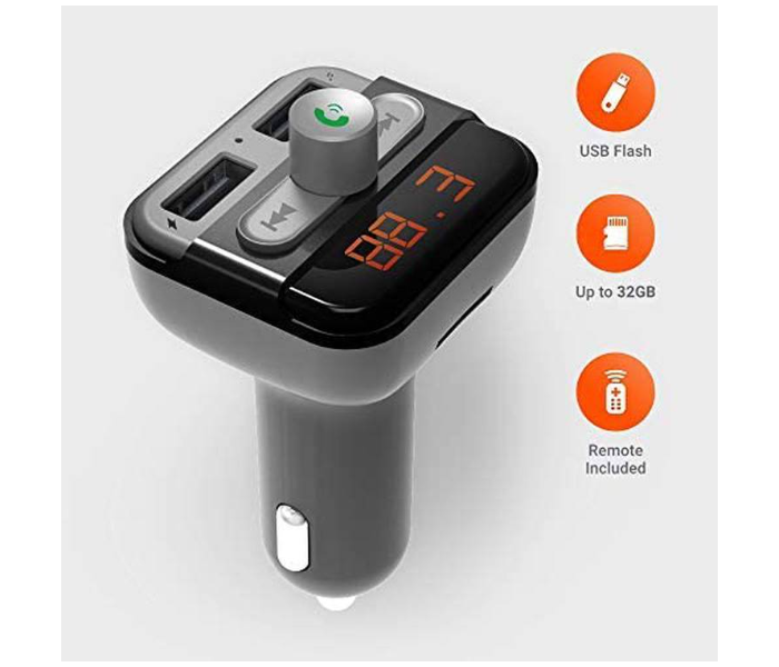 Porodo FMBT17 Dual USB Car Charger 15W Wireless Hands-Free Calling Car Kit With Built-In FM Transmitter Fast Charging Car Adapter with Micro SD Card Slot and Microphone - Black - Zoom Image 2