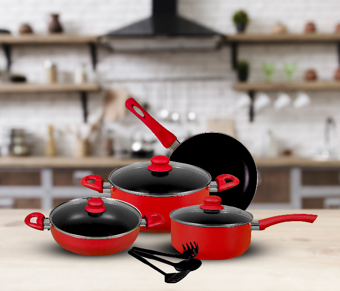 Insiya SV01 10 Piece Non-Stick Aluminium Cookware Set - Red - Zoom Image 2