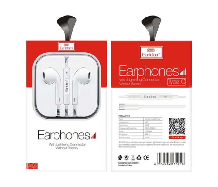 Earldom  ET-E19 Stereo Type C Earphones with Mic Volume Control -White - Zoom Image 2