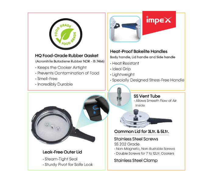 Impex EP3C5 3L and 5L Induction Base High Grade Stainless Steel Pressure Cooker - Silver - Zoom Image 5