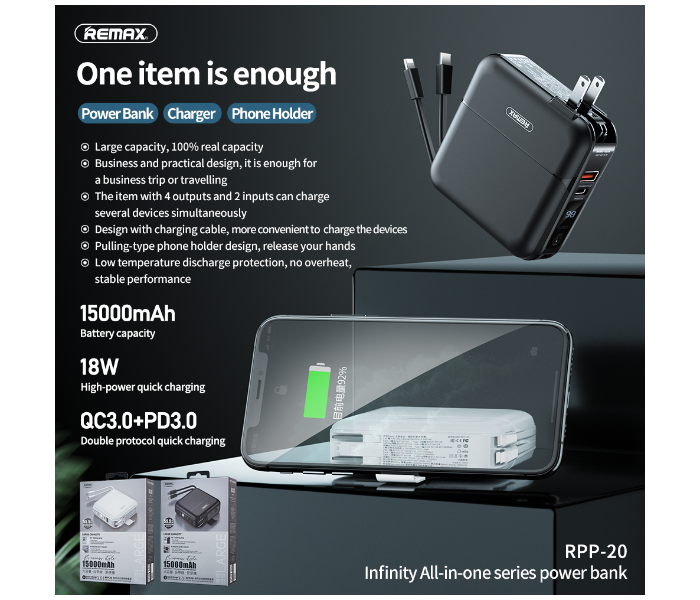 Remax RPP-20 Infinity All in One Series 15000mAh Power Bank - White - Zoom Image 2