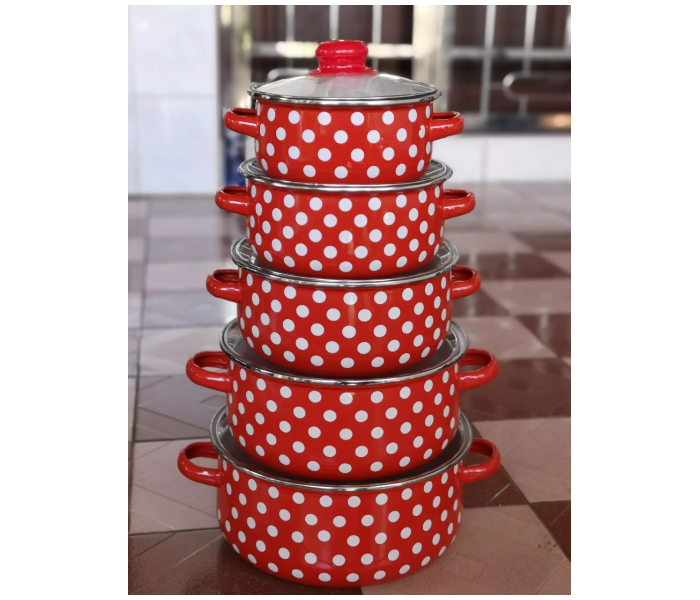 10 Piece Polka-Dot Enamel Pot Set with Glass Lid - Red and White - Zoom Image 1