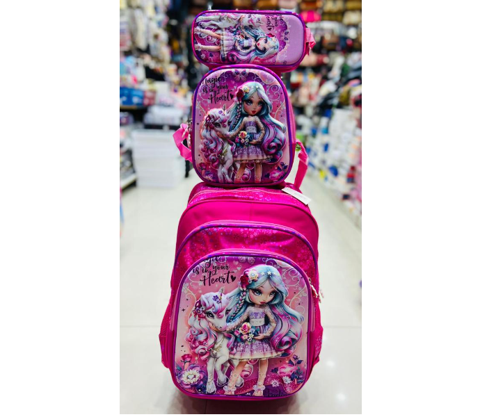 3 Piece Unicorn Girl Printed Nylon Wheeled School Bag Set - Pink and Purple - Zoom Image