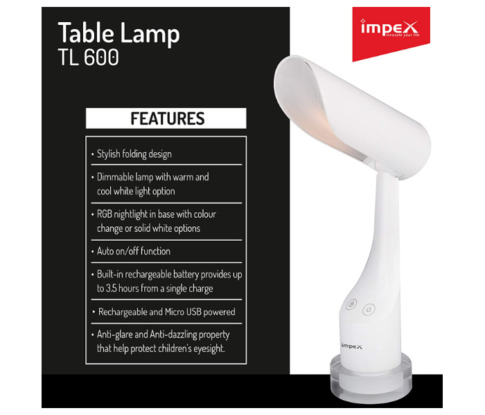 Impex TL 600 1500mAh LED Rechargeable Table Lamp - White - Zoom Image 2