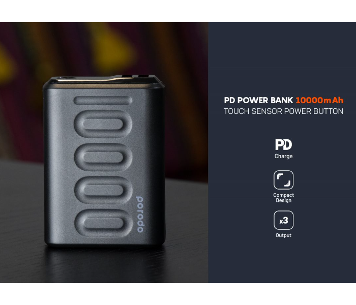 Porodo PD-1092-BK Portable 10000mAh 20W Quick Charge 3.0 with Touch Sensor Power Button and LED Digital Display Powerbank - Black - Zoom Image 5