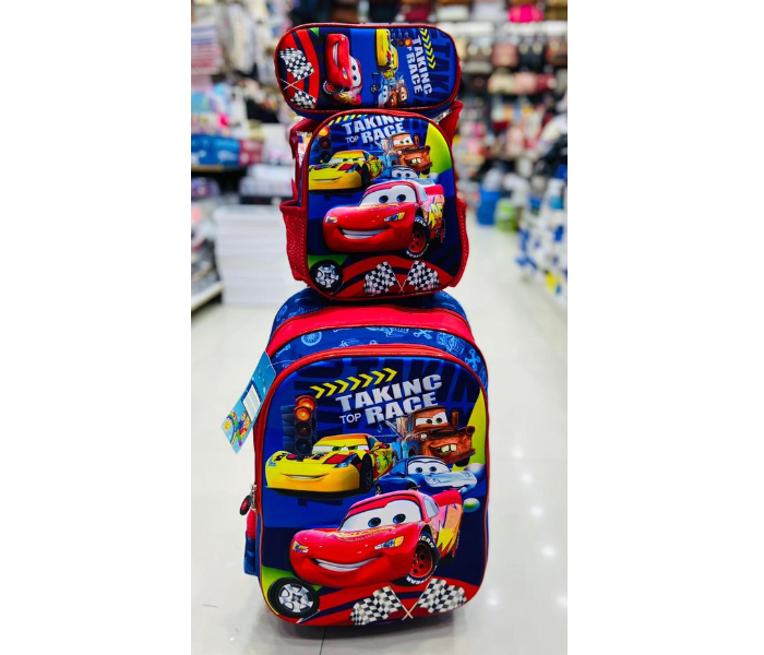 3 Piece Cars Cartoon Printed Nylon Wheeled School Bag Set - Red and Blue - Zoom Image