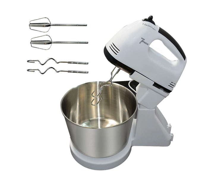 Boss Tech 250W 7 Speed 2 in 1 Electric Hand Mixer with 2 Litre Stainless Steel Bowl - White and Silver - Zoom Image 1