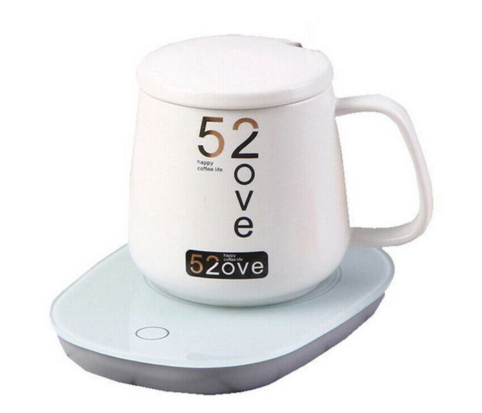 Portable Warmer Heating Cup Ceramics Mug Thermostatic Coaster Mug Mat Office Tea Coffee Milk Heater with Cup Spoon - White - Zoom Image