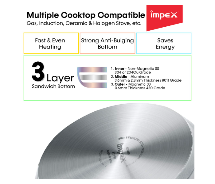 Impex EP 3 3Liter Induction Base High Grade Stainless Steel Pressure Cooker -Silver - Zoom Image 4