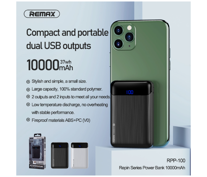 Remax RPP-100 Repin Series 10000mAh 2 USB Power Bank - Black - Zoom Image 2