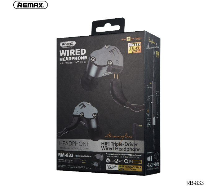 Remax RM-833 HIFI Triple-Driver Wired Headphone - Black - Zoom Image 3