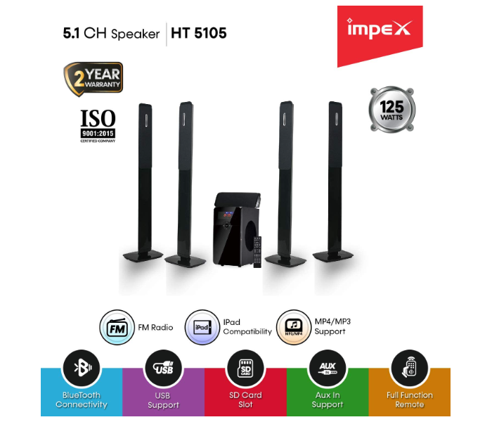 Impex HT 5105 40W Subwoofer Wooden 5.1 Channel Multimedia Home theatre Speaker System with Remote Control - Black - Zoom Image 2