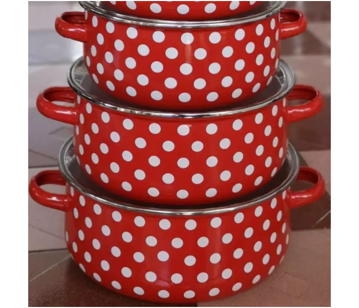 10 Piece Polka-Dot Enamel Pot Set with Glass Lid - Red and White - Zoom Image 2