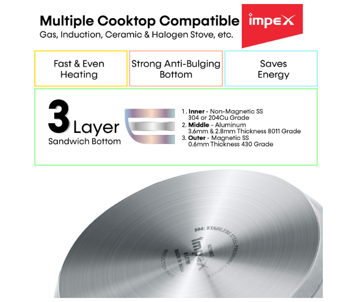 Impex EP3C5 3L and 5L Induction Base High Grade Stainless Steel Pressure Cooker - Silver - Zoom Image 4