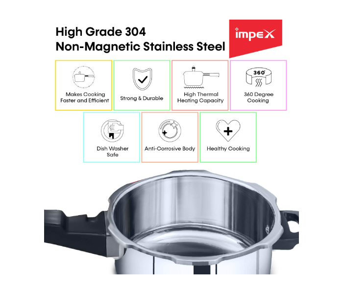 Impex EP3C5 3L and 5L Induction Base High Grade Stainless Steel Pressure Cooker - Silver - Zoom Image 3