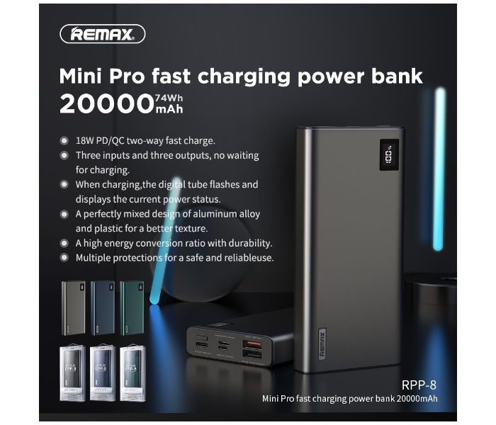 Remax RPP-8 Mini Pro 20000mAh 18W 3 USB Fast Charging Power Bank - Blue - Zoom Image 2