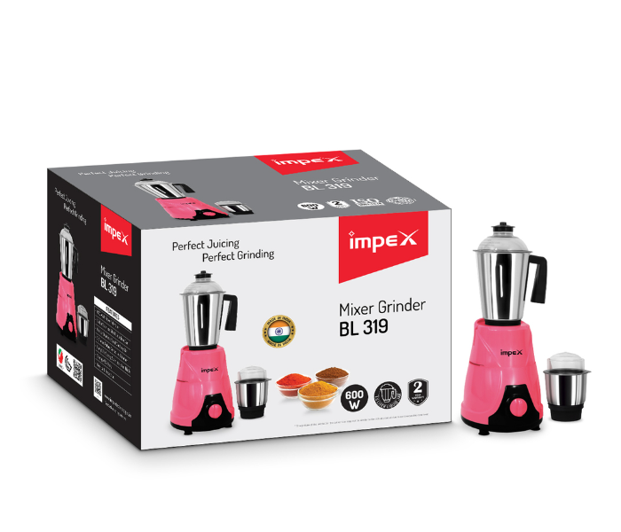 Impex BL319BP 600W 1.5 Litre 3 Speed Control 2 in 1 Mixer Grinde- Black and Pink - Zoom Image