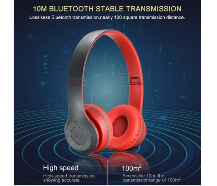 P47 Wireless Bluetooth 4.2 Stereo Headset with Foldable Mic -Red - Zoom Image 2