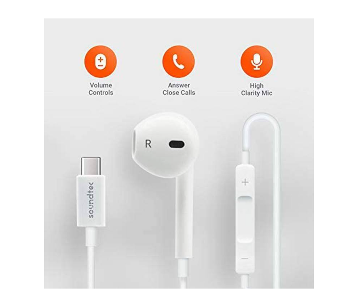 Porodo PD-CMNEP-WH Mono Single TypeC Earphone with 3-Button Controls - White - Zoom Image 2