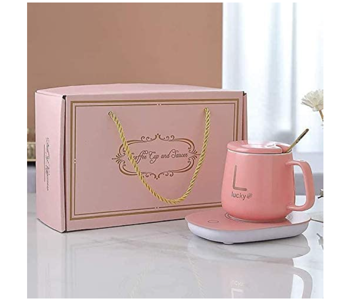 Portable Warmer Heating Cup Ceramics Mug Thermostatic Coaster Mug Mat Office Tea Coffee Milk Heater with Cup Spoon - Pink - Zoom Image 3