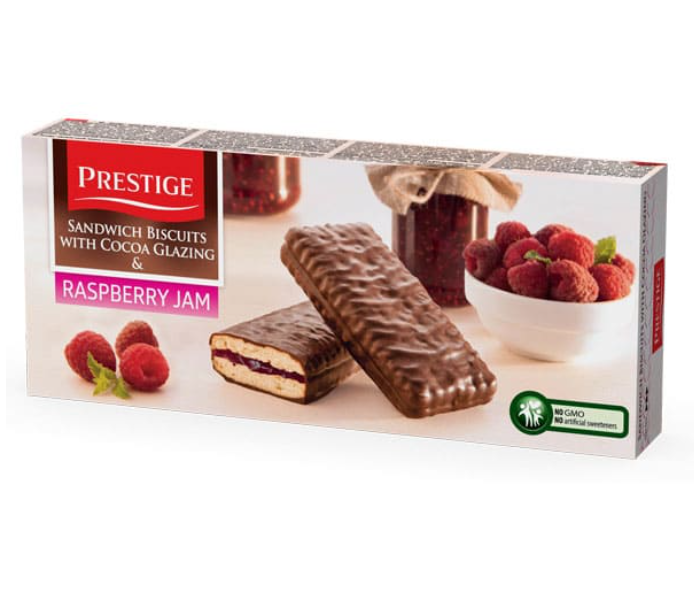 Prestige 66193 200gm Sandwich Biscuits with Cocoa Glazing and Raspberry Jam - Zoom Image