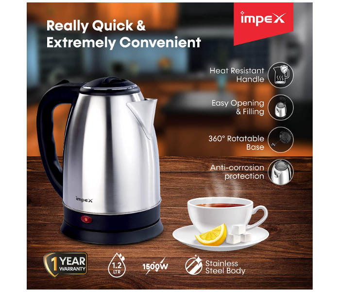 Impex Steamer 1801 1500W 1.8 Litres Stainless Steel Electric Kettle - Black and Silver - Zoom Image 2