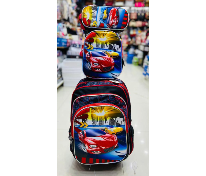 3 Piece Racing Car Printed Nylon Wheeled School Bag Set - Black and Red - Zoom Image