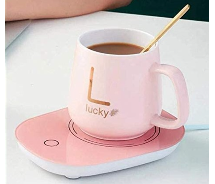 Portable Warmer Heating Cup Ceramics Mug Thermostatic Coaster Mug Mat Office Tea Coffee Milk Heater with Cup Spoon - Pink - Zoom Image 2