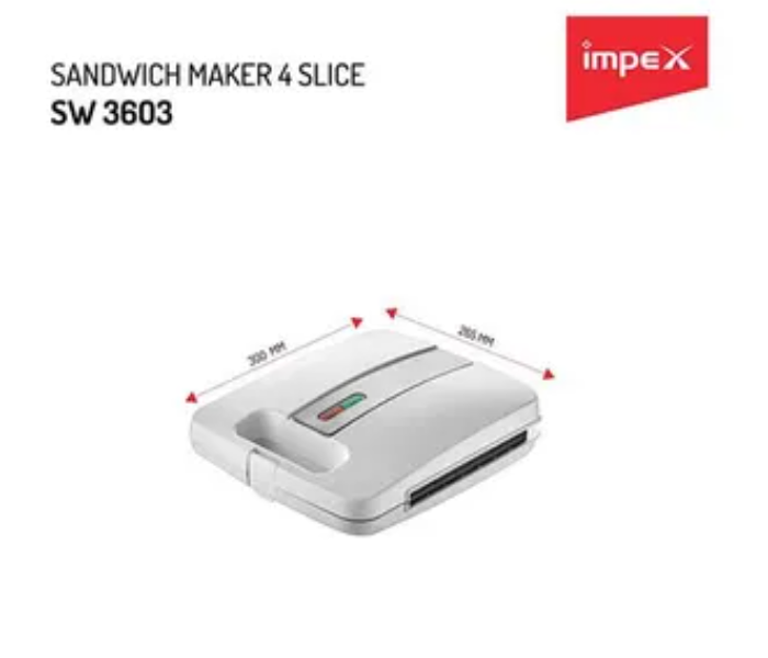 Impex SW 3603 1400 Watt 4 Slice Portable Electric Sandwich Maker with Cool Touch Housing Non Stick Coating Plate - White - Zoom Image 2