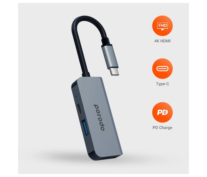 Porodo PD-4K31C-GY USB C to HDMI 4K Multiport Adapter - Gray - Zoom Image 2