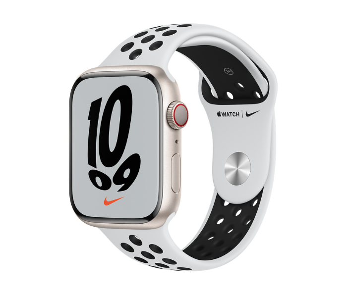 Apple Watch Series 7 GPS and Cellular 45mm Starlight Aluminum Case with Pure Platinum Black Nike Sport Band - Zoom Image 1