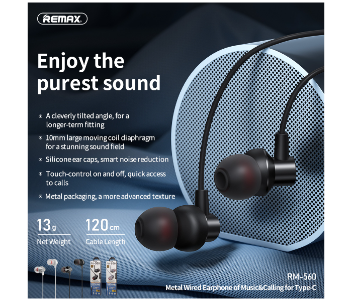 Remax RM-560 Metal Type-C Wired Earphone - Black - Zoom Image 2