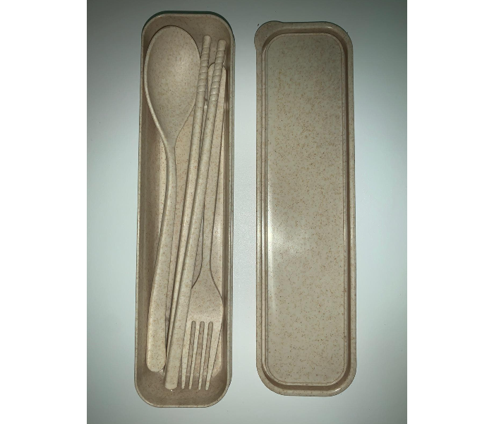 Wheat Straw Medium Plastic Case With Fancy Cutleries -Beige - Zoom Image