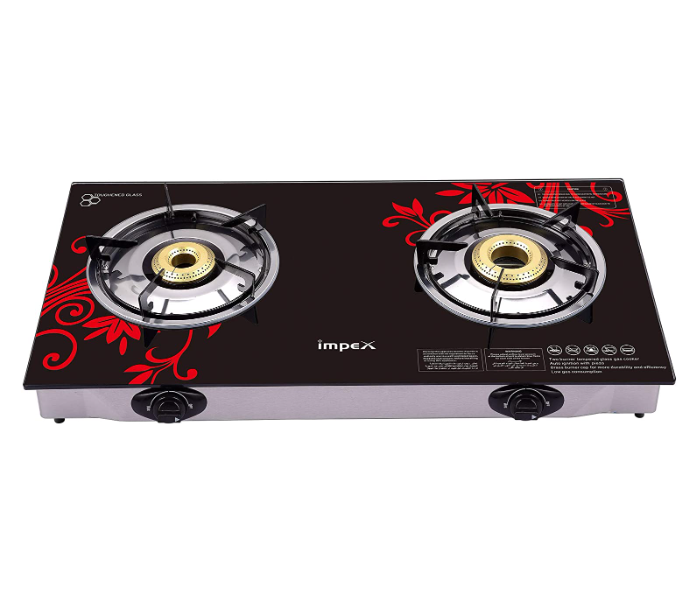 Impex IGS 1212F 2 Stainless Steel Burner 6mm Thick Toughened Glass Auto Ignition Switch Gas Stove - Black and Red - Zoom Image 1