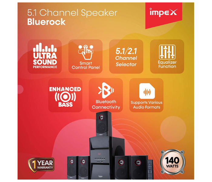 Impex HT 5103 Blue Rock 140W Multi Channel 5.1 Speaker with 50W Sub Woofer Digital Amplifier - Black - Zoom Image 2