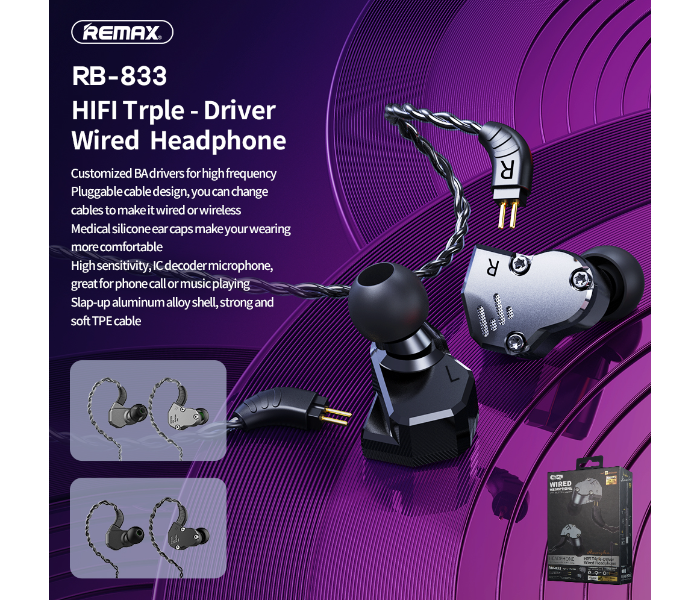 Remax RM-833 HIFI Triple-Driver Wired Headphone - Grey - Zoom Image 2