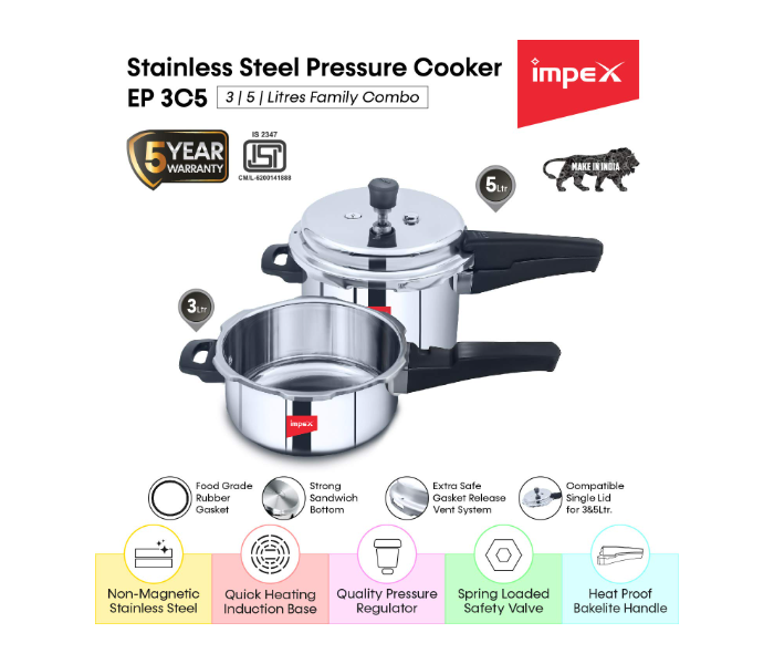 Impex EP3C5 3L and 5L Induction Base High Grade Stainless Steel Pressure Cooker - Silver - Zoom Image 2